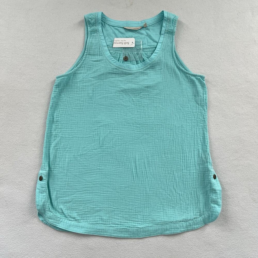 NWT Soft Surroundings Beach Bound Tank Aqua Blue Crinkle Cotton Top S 2ER69